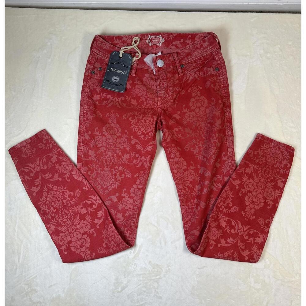 New Stitch’s Artisan Corduroy Pants Sz 24 Red Floral Jacquard Boho Vintage